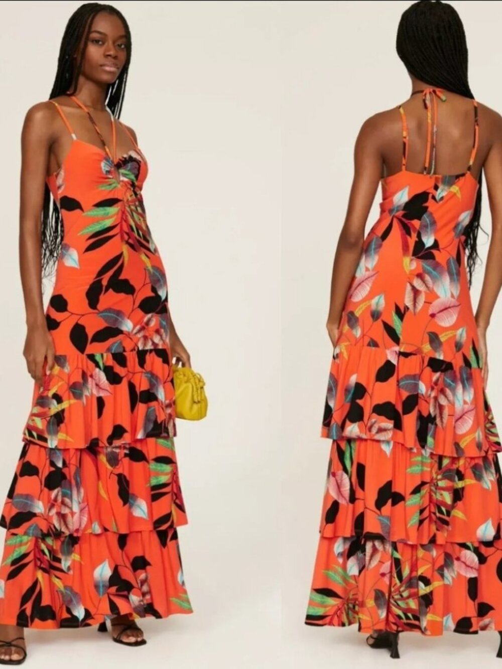 Rachel Roy Amaya Maxi Dress Sunset Vine Tropical Orange Jersey Halter Summer XL - Picture 3 of 8